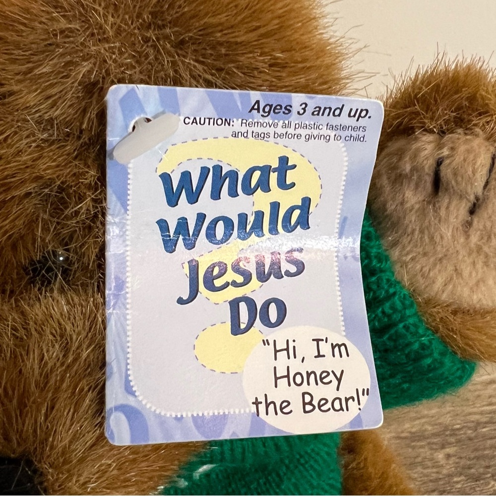 Vintage WWJD? Honey Brown Bear 8” Green Sweater What Would Jesus Do? - Picture 3 of 8